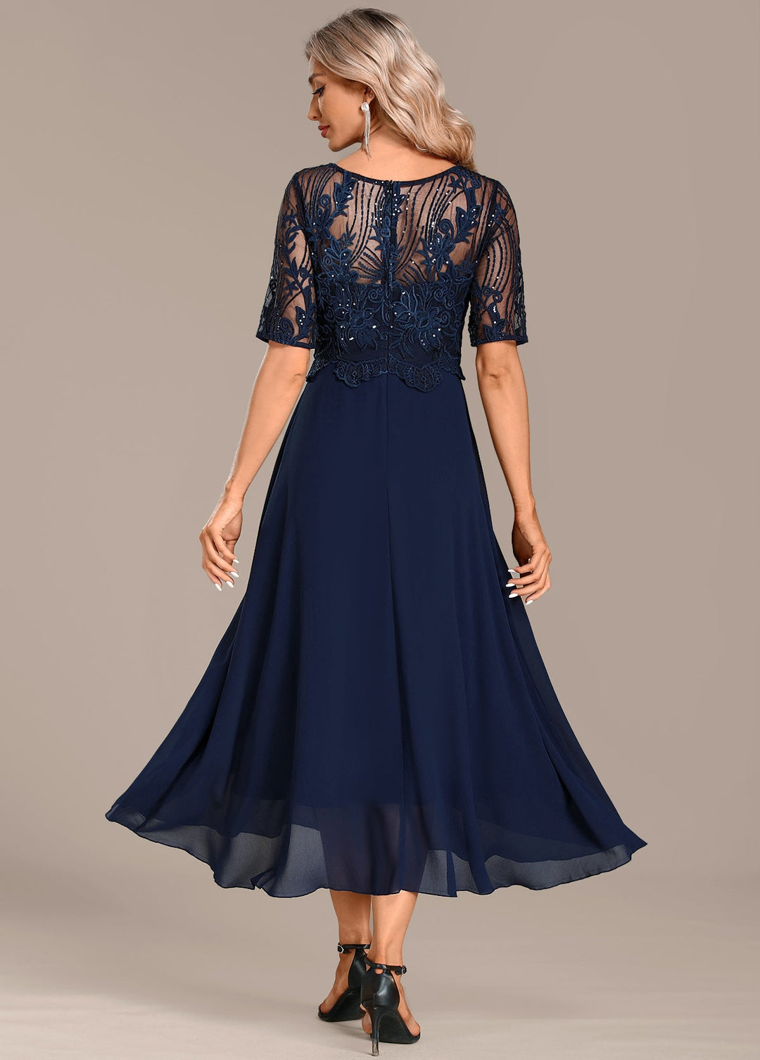 Sophie Navy Lace Short Sleeve Round Neck Dress