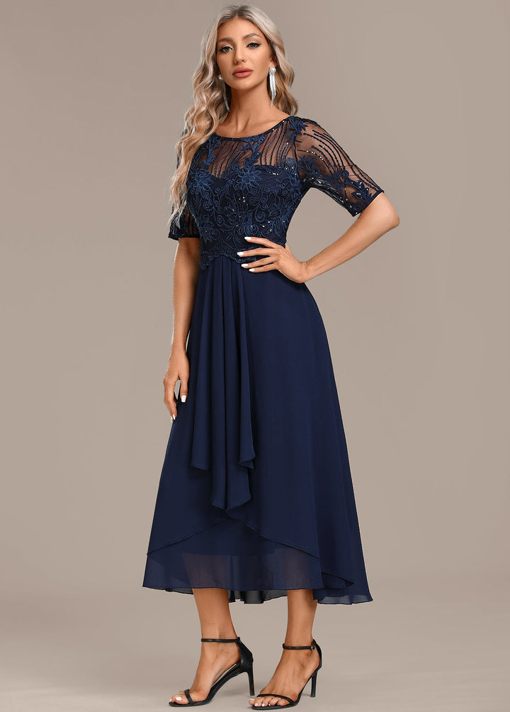 Sophie Navy Lace Short Sleeve Round Neck Dress