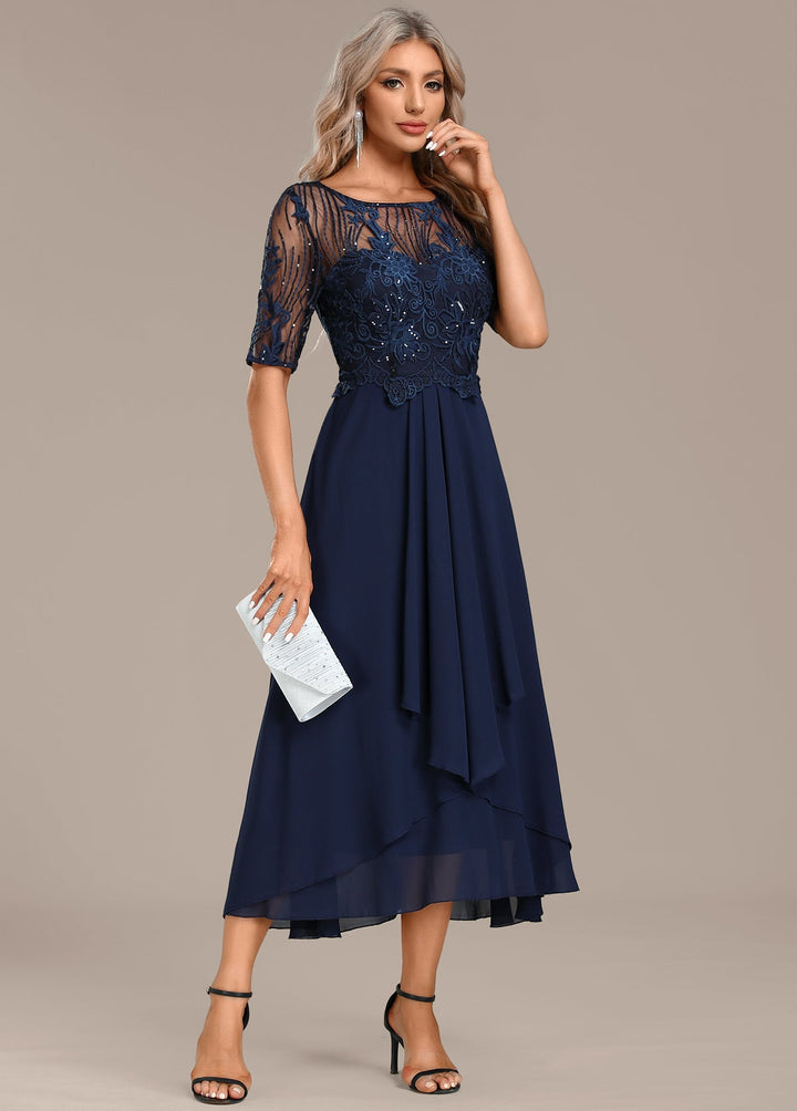 Sophie Navy Lace Short Sleeve Round Neck Dress