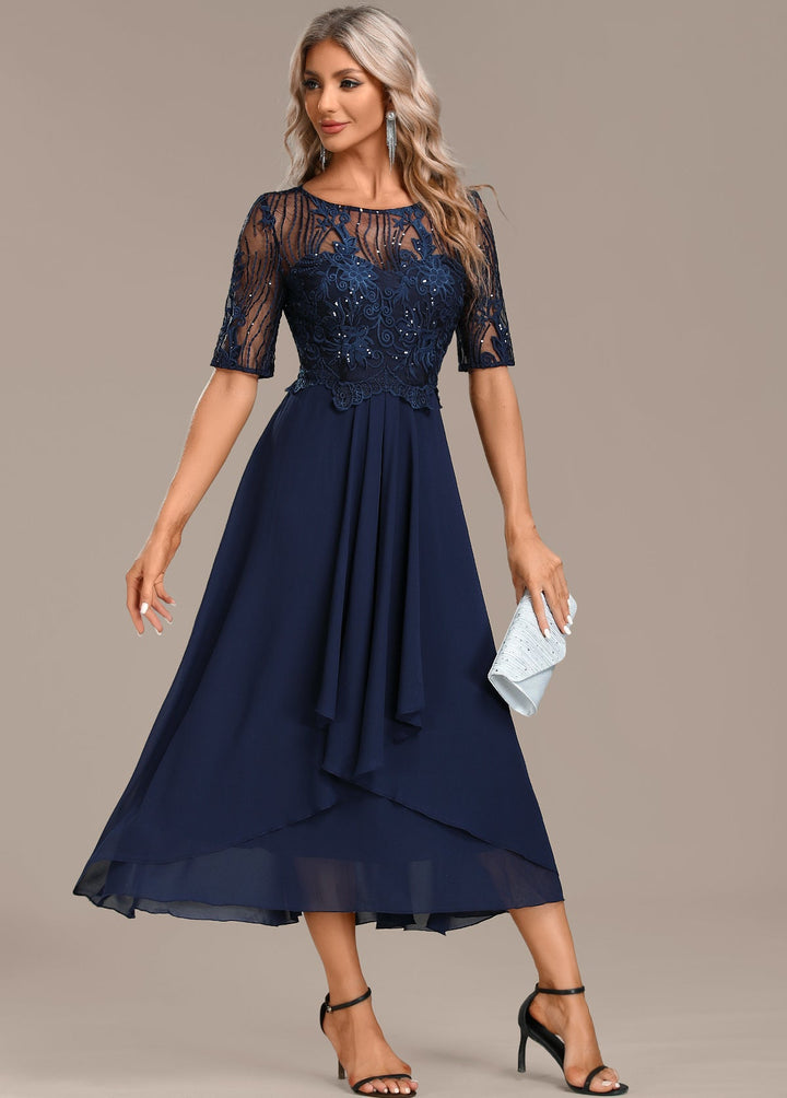 Sophie Navy Lace Short Sleeve Round Neck Dress