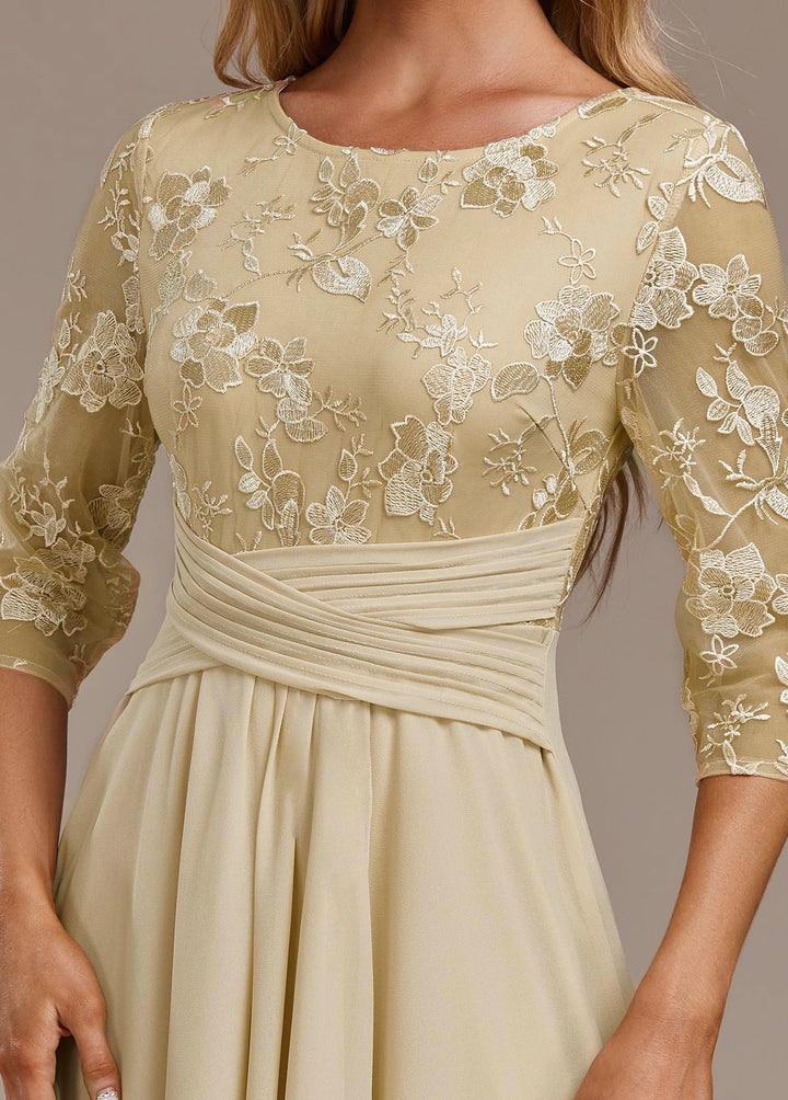 Luna Champagne Embroidery 3/4 Sleeve Round Neck Dress