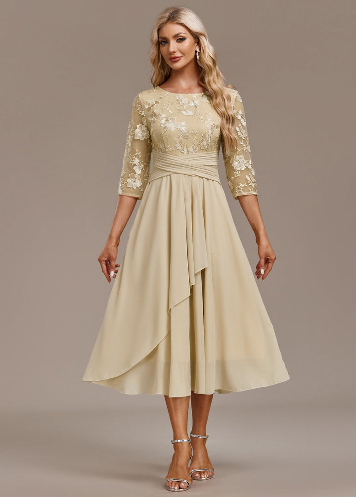 Luna Champagne Embroidery 3/4 Sleeve Round Neck Dress