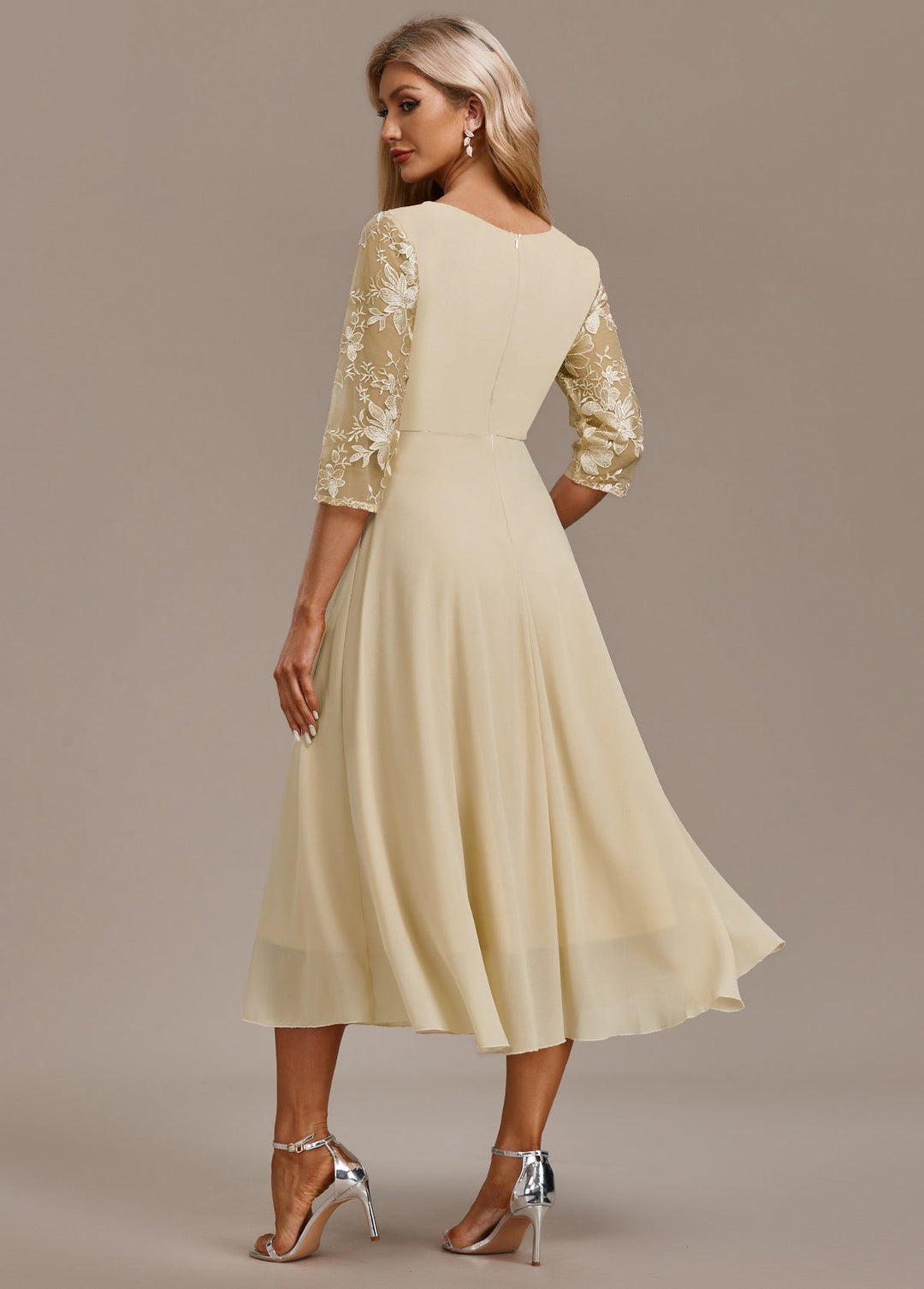 Luna Champagne Embroidery 3/4 Sleeve Round Neck Dress