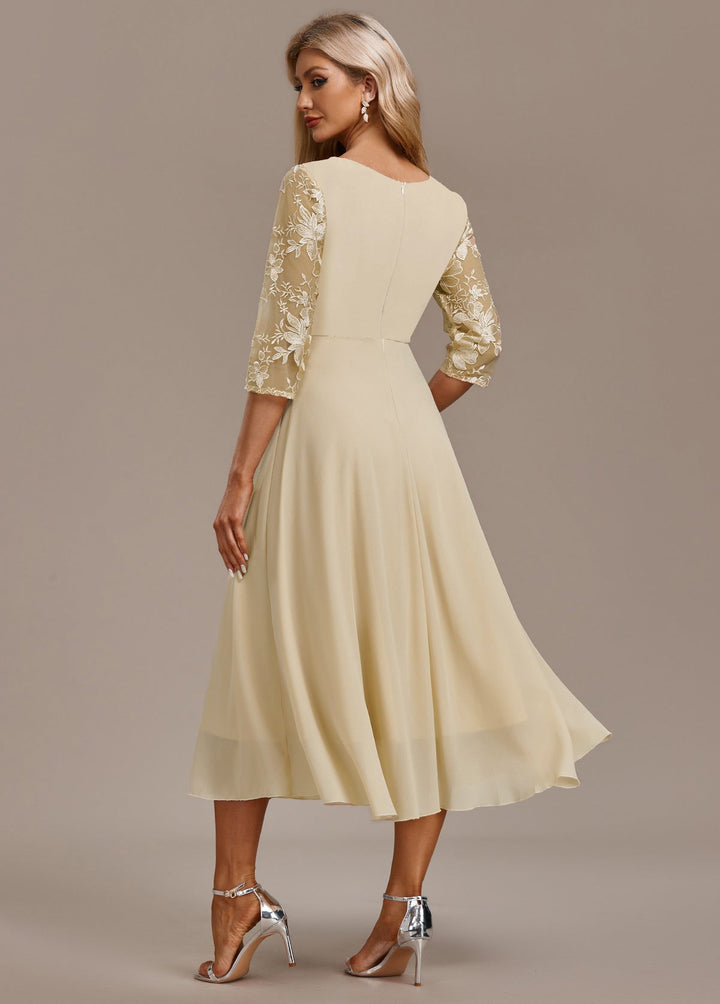 Luna Champagne Embroidery 3/4 Sleeve Round Neck Dress