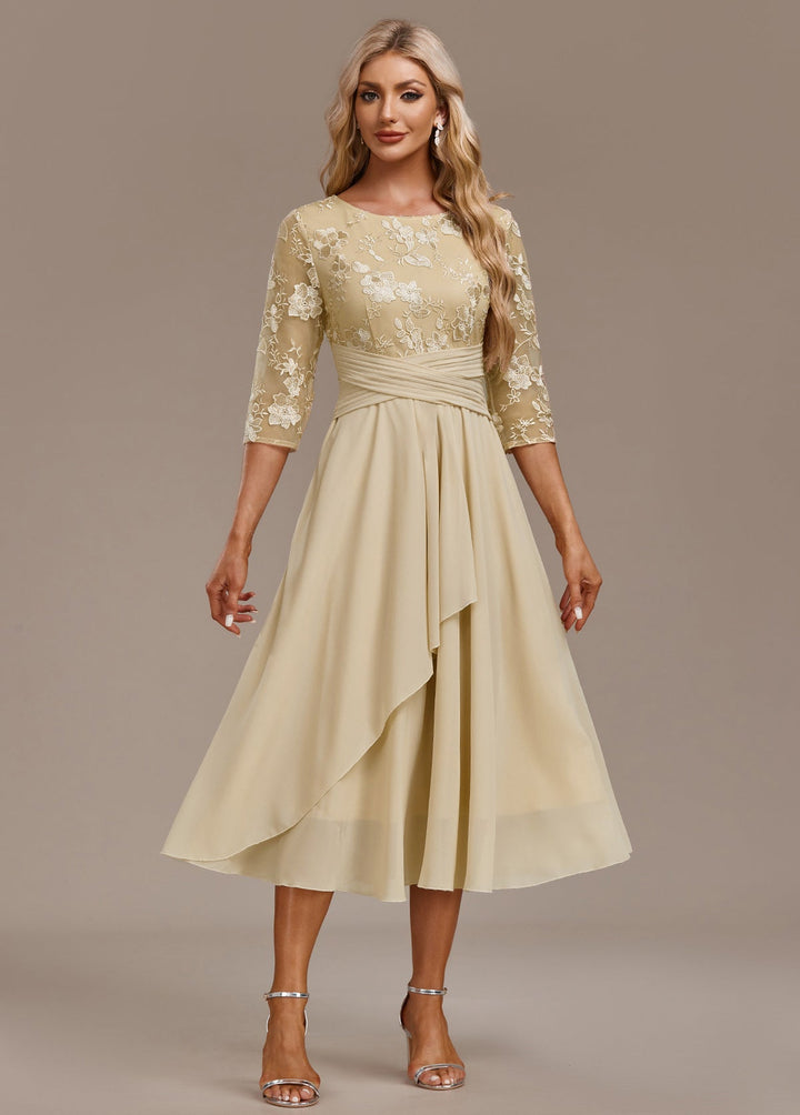 Luna Champagne Embroidery 3/4 Sleeve Round Neck Dress